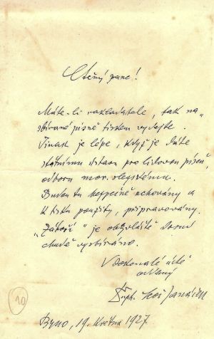 Drph. Leoš Janáček, 
Brno, 19. května 1927
